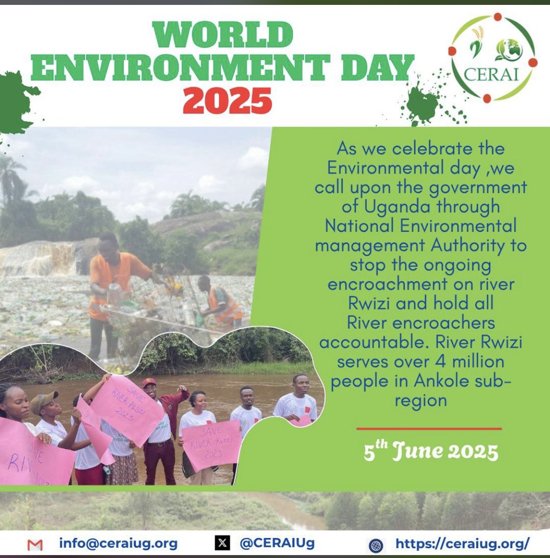 🌍 Happy #WorldEnvironmentDay!
Let’s protect River Rwizi — lifeline for 4M+ in Ankole.
Stop encroachment, demand accountability.
It’s our planet. Let’s act now! 💧🌱
#SaveRiverRwizi #ActForNature
#GeraldBarekye #CERAI #sustainability #cleanenvironment