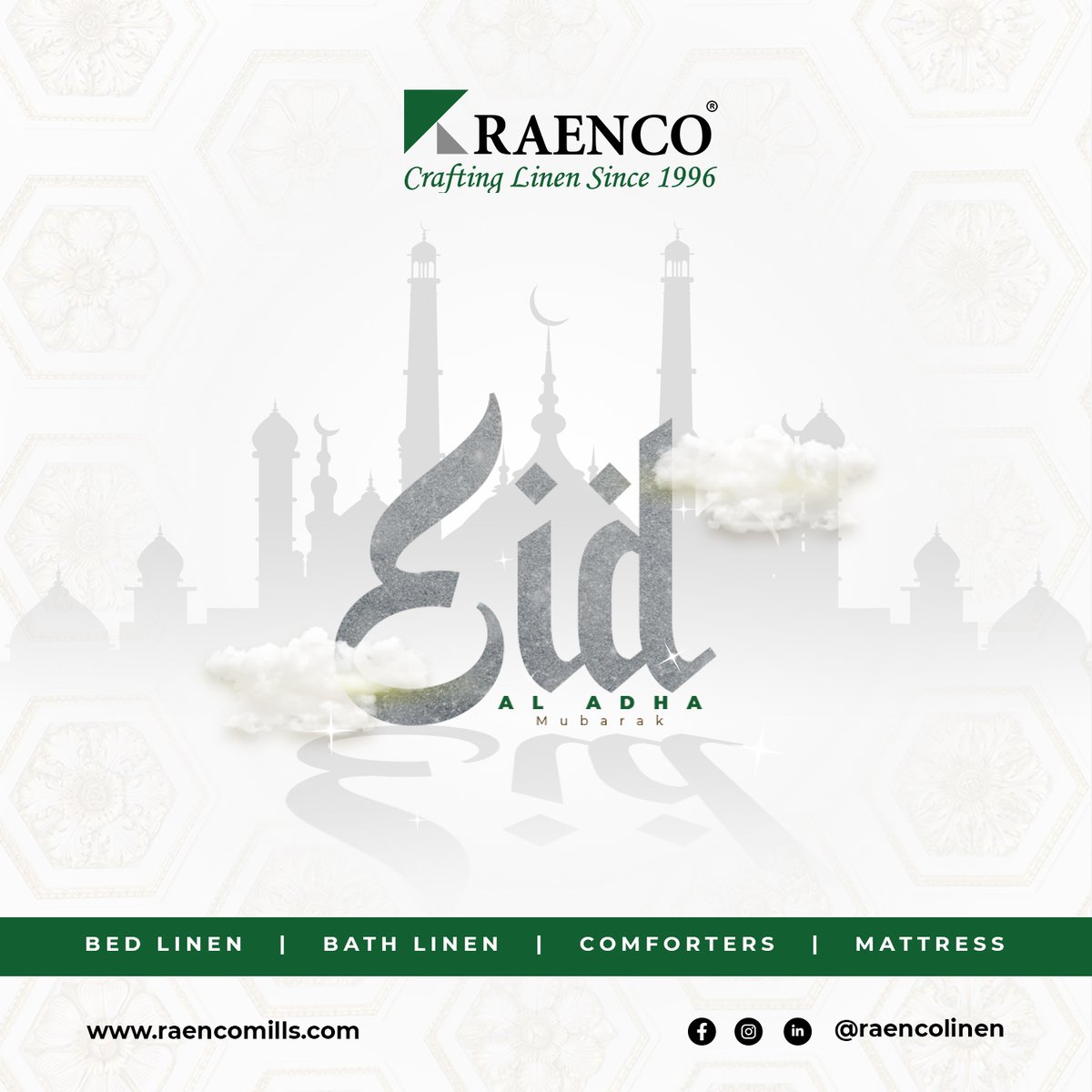 RaencoGroup's tweet photo. Wishing you peace, prosperity, and comfort this festive season. From all of us at Raenco Mills – crafting quality linen since 1996. 
#EidMubarak #EidAlAdha #RaencoMills #HomeComfort #LuxuryLinen https://t.co/hD00G3dJsg