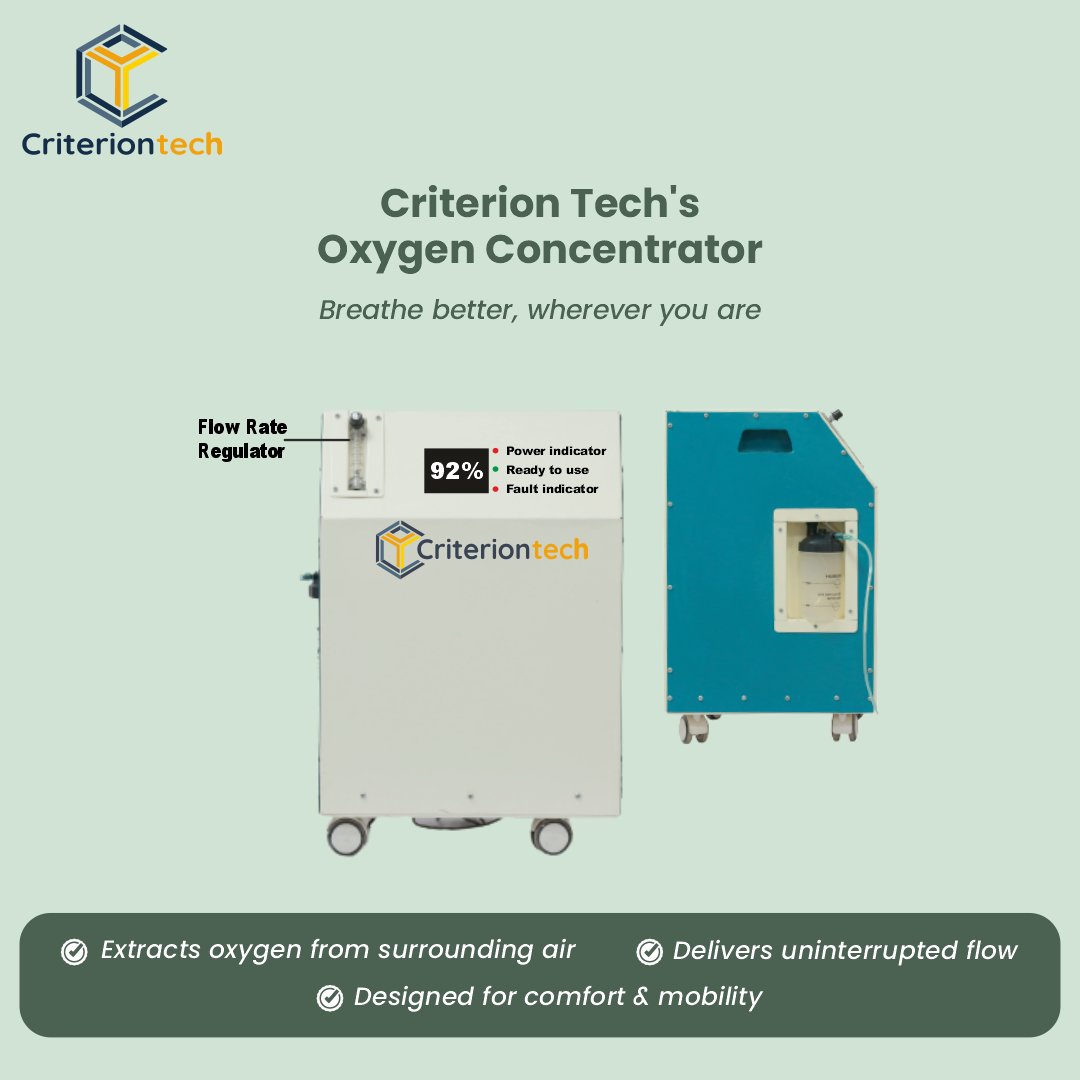 Our Oxygen Concentrator ensures stable therapy on the go.
.
Learn more: criteriontechnologies.com/oxygen-concent…
.
#OxygenConcentrator #RespiratoryCare #HomeHealthcare #MedicalTechnology  #HealthcareInnovation #MedTechSolutions #SmartHealthcare #criteria4technology #CriterionTech