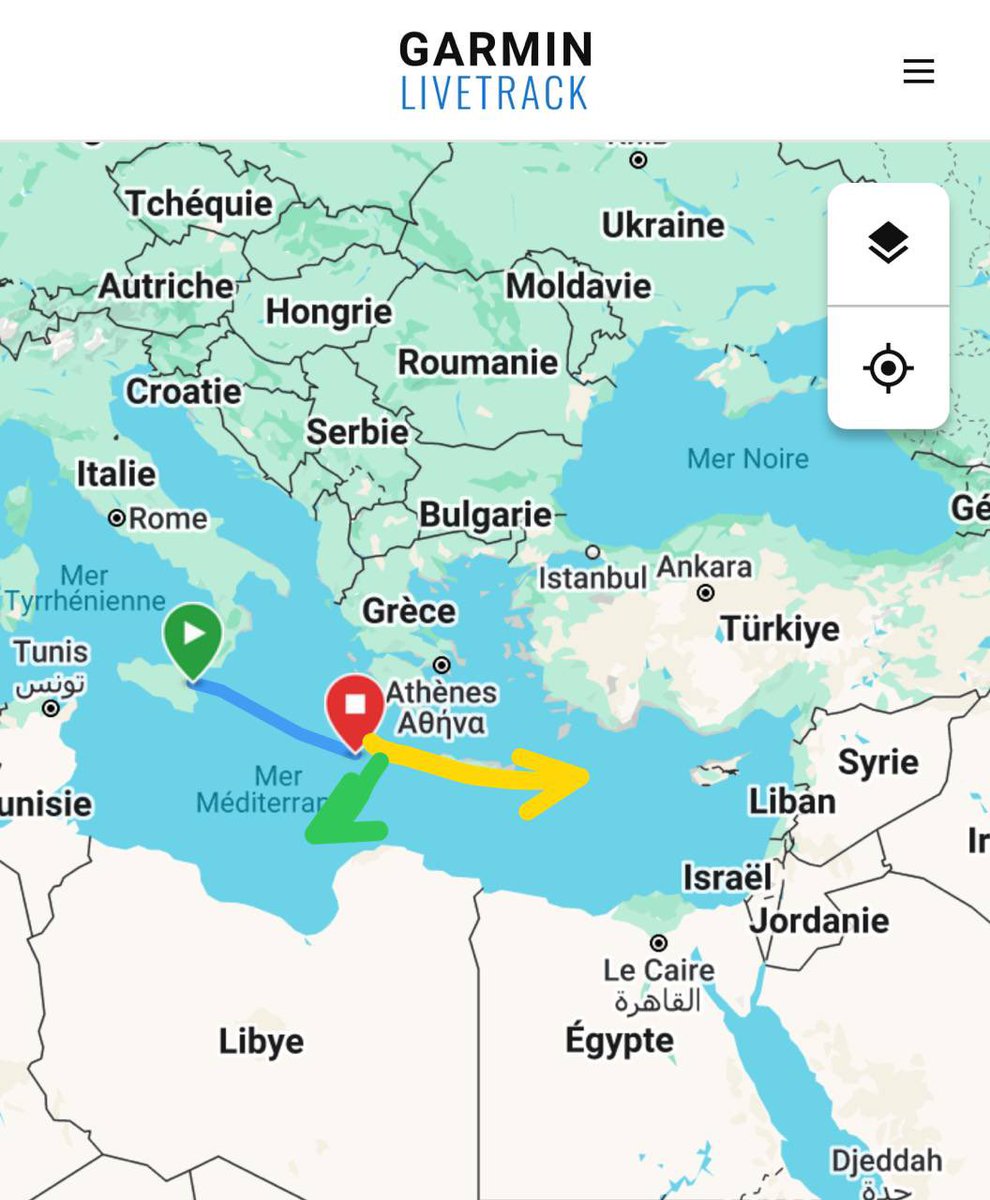 RimaHas's tweet image. On vient de recevoir un appel de détresse, très probablement une embarcation qui partait de la Libye, selon frontex nous sommes les plus proches, on change de direction deux petites heures le temps d’y arriver et de pouvoir porter secours à l’embarcation. 
En jaune notre…