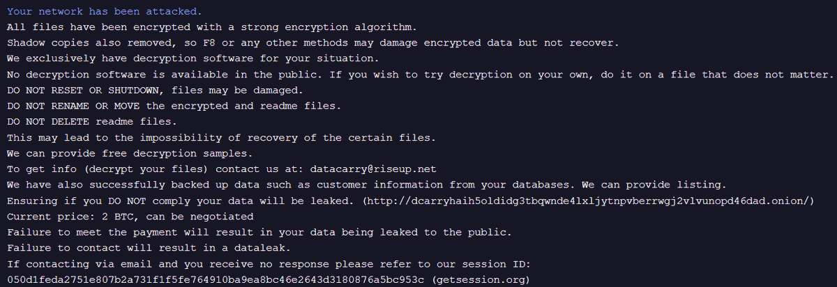 RakeshKrish12's tweet image. Found 2 Samples of #Datacarry #Ransomware with Ransom Note, targets🇪🇺!
MD5
d86163423afa32bb0b793ad909d6b357
34d8f42e67a6ae938554cb98f939b759
…4lxljytnpvberrwgj2vlvunopd46dad.onion
Asks 2BTC to all victim😂
More: github.com/TheRavenFile/D…
#infosec #security #malware #darkweb #deepweb #OSINT