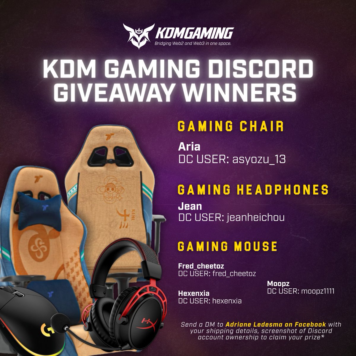 KDMGaming_'s tweet photo. Uy, may mga nanalo na! 🥳

Congrats to our KDM Gaming Discord Giveaway Winners — enjoy your new gaming gear! 🔥
Gaming chair, headphones, at gaming mouse? Solid ‘yan para sa next grind sessions niyo. 

📩 Winners, don’t forget to:
Send a DM to Adriane Ledesma on Facebook with your shipping details, Discord account screenshot, and claim your prize!