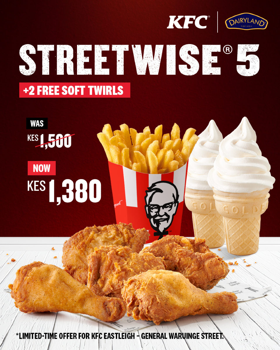 Eastleigh, mko ready?
5 crispy chicken pieces, fries for the fam, and 2 cold Soft Twirls just because we can. It’s big, it’s bold, and it’s only at our – Eastleigh ,General Waruinge branch. Hurry up—this one’s not staying long.

#KFC #ItsFingerlickingood #Food #Foodie