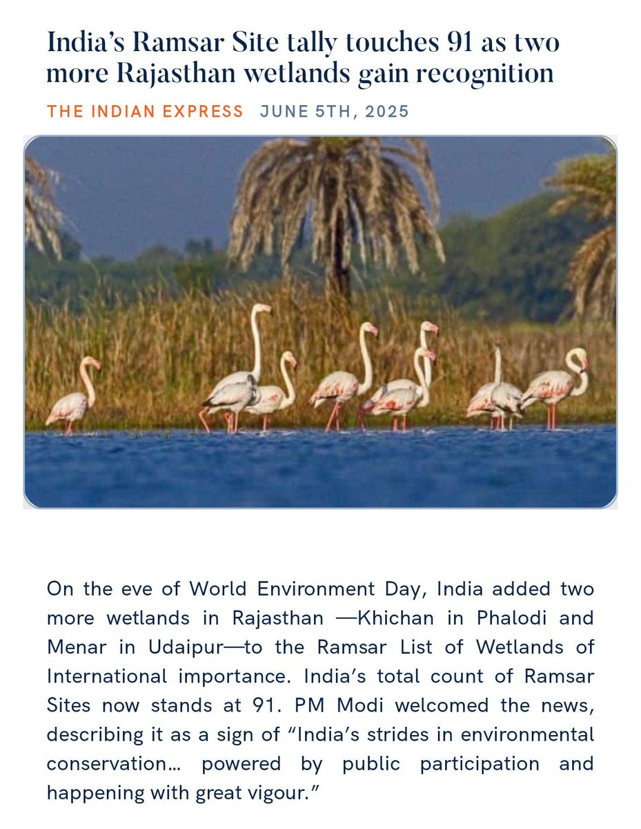 India’s Ramsar Site tally touches 91 as two more Rajasthan wetlands gain recognition
indianexpress.com/article/india/… 

via NaMo App