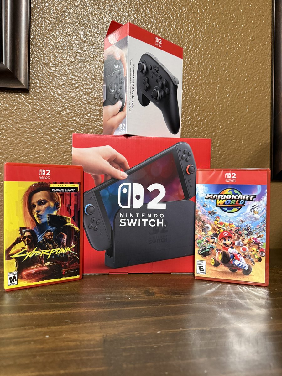 RyInTech's tweet photo. Midnight launch at BestBuy was a success! So pumped for the #NintendoSwitch2. Almost more excited to play #Cyberpunk2077 again over #MarioKartWorld. 💀 https://t.co/xIab4PHos8
