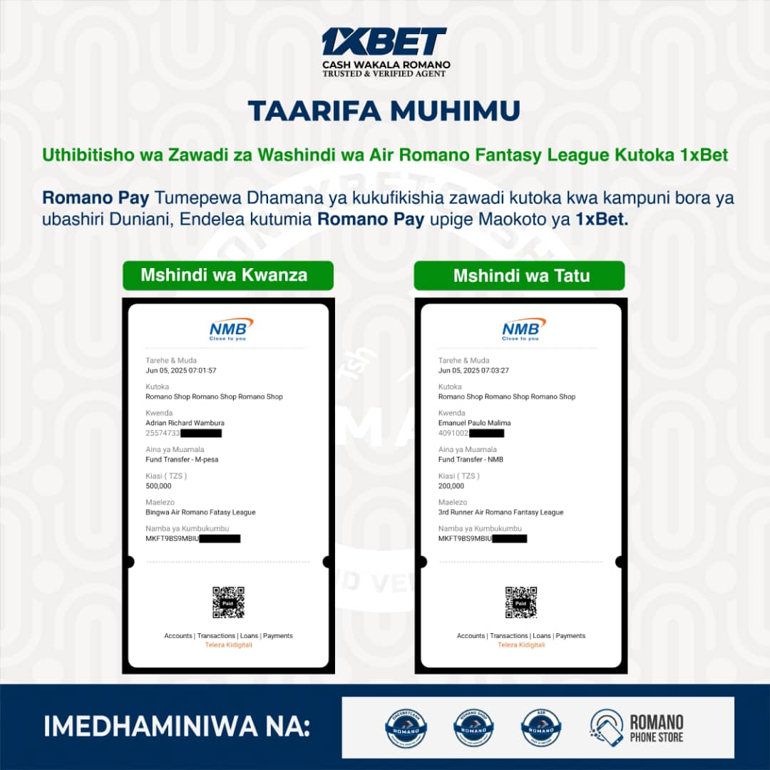 WASHINDI WA AIR ROMANO FANTASY WAMELIPWA! 

Zoom kidogo Picha Uone 1xbet inavyotoa maokoto kwa wadau wake kupitia Romano Pay 😂

Ukitumia 1XBET kupitia Romano Pay, pesa zako ni salama na fursa ni nyingi! 

Romano Pay ndiyo daraja rasmi la maokoto yako kutoka kwa kampuni bora ya