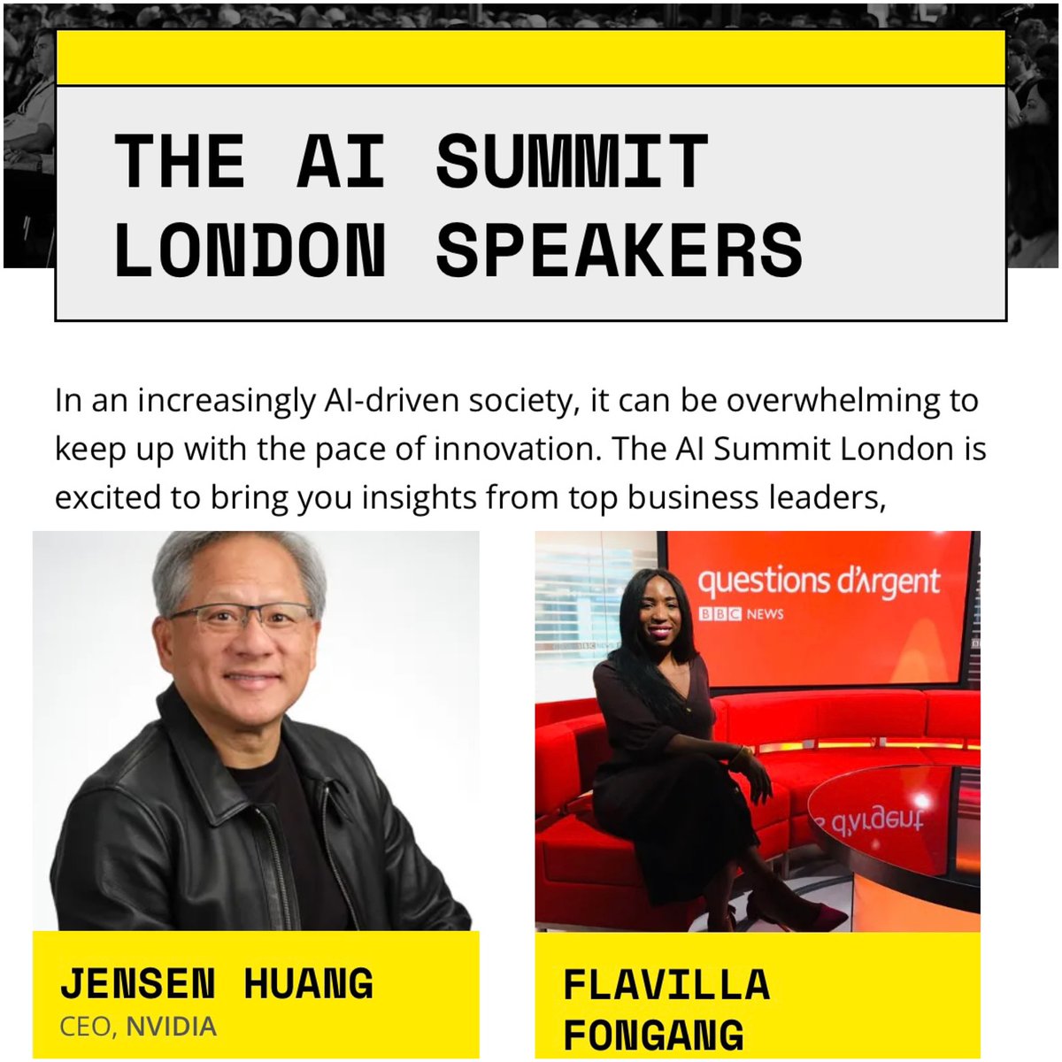 From building a dashboard code in 1 minute, a brand new website in 30 minutes, to reviewing documents or candidates, to create a new ad campaign, it’s integrated with my way of working. Now, it’s official Jensen and I are speaking at the AI Summit next week. Are you coming?