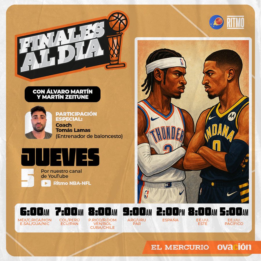 Álvaro Martín (@alvaronbamartin) on Twitter photo FINALES AL DÍA con la previa de la serie acompañado por Coach @TomasLamas y @MZeitune, en vivo desde OKC.
Disfrútalo por las plataformas de <a href="/ElMercurio_DEP/">Deportes El Mercurio</a> y @OvacionUy.
Suscríbete a 'Ritmo NBA-NFL' en YouTube y adquiere una Membresía con contenido exclusivo a Miembros. FINALES AL DÍA con la previa de la serie acompañado por Coach @TomasLamas y @MZeitune, en vivo desde OKC.
Disfrútalo por las plataformas de <a href="/ElMercurio_DEP/">Deportes El Mercurio</a> y @OvacionUy.
Suscríbete a 'Ritmo NBA-NFL' en YouTube y adquiere una Membresía con contenido exclusivo a Miembros.