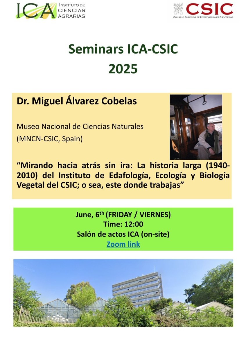 📢 SEMINARIOS ICA
¡El próximo viernes 6 de Junio tendremos un seminario muy interesante!

Miguel Álvarez Cobela investigador del <a href="/mncn_csic/">Museo Nacional de Ciencias Naturales</a>  nos contará la historia de nuestro Instituto. Desde el Inst. De Edafologia hasta el inst. De Ciencias Agrarias 

rediris.zoom.us/j/8895958992?p…