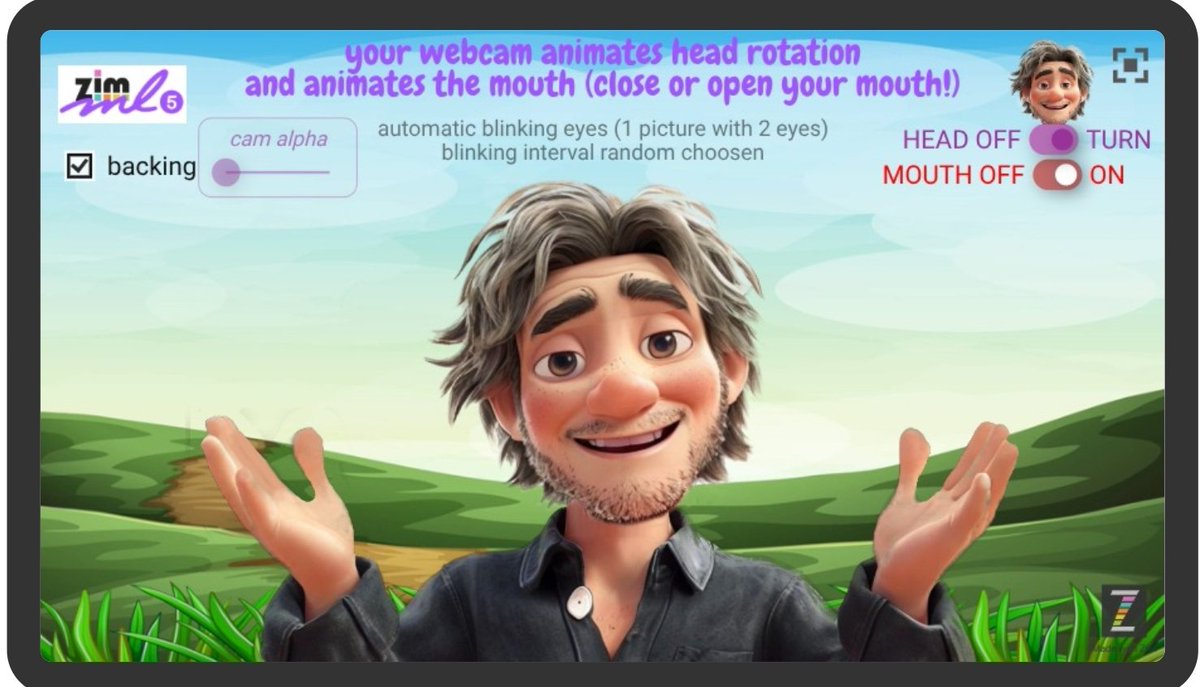 karel_rosseel's tweet image. hoe leuk om #AI te gebruiken die via de webcam een animatie kan aansturen: hoofd draait, mond gaat open en toe! test zimjs.com/zapp/full/E_WM… gemaakt met #ZIMjs en #ml5 code&amp;lt;l&amp;gt;eren op #ZIMkidsSlate zimjs.com/kids/slate