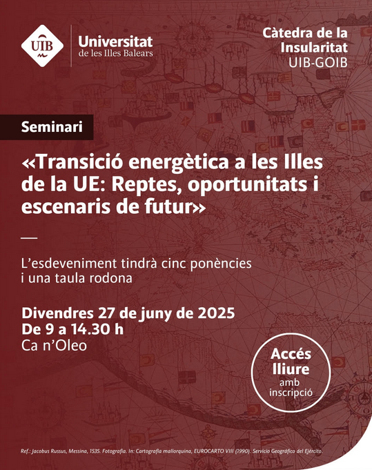 Seminari - "Transició energètica a les Illes de la UE: Reptes, oportunitats i escenaris de futur".
Organitzen UIB i Fundació Universitat-Empresa.
Hi participen els mebres del LINCC Pau de Vílchez i Víctor Homar.

Programa complet i inscripcions aquí: 
fueib.org/ca/insularitat…