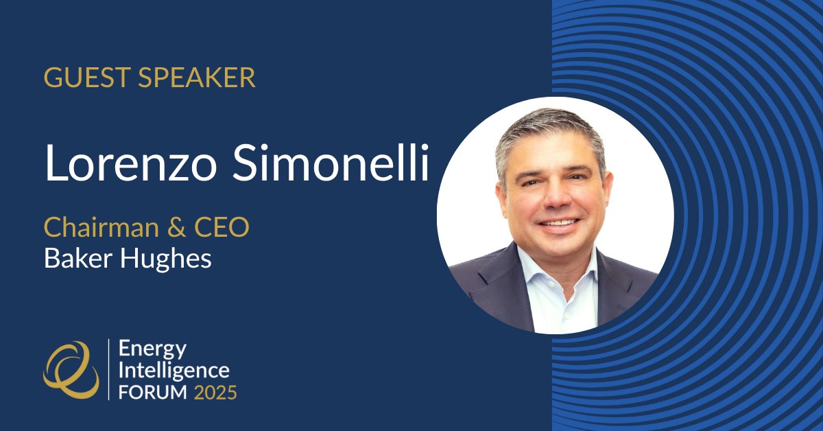 We’re excited to announce Lorenzo Simonelli, Chairman &amp; CEO of #BakerHughes, as a speaker at the 2025 Energy Intelligence Forum.

Join the conversation with industry leaders shaping the future.

🎟️ Register now for your delegate pass: 🔗 bit.ly/3YlsmJa

#EIForum2025