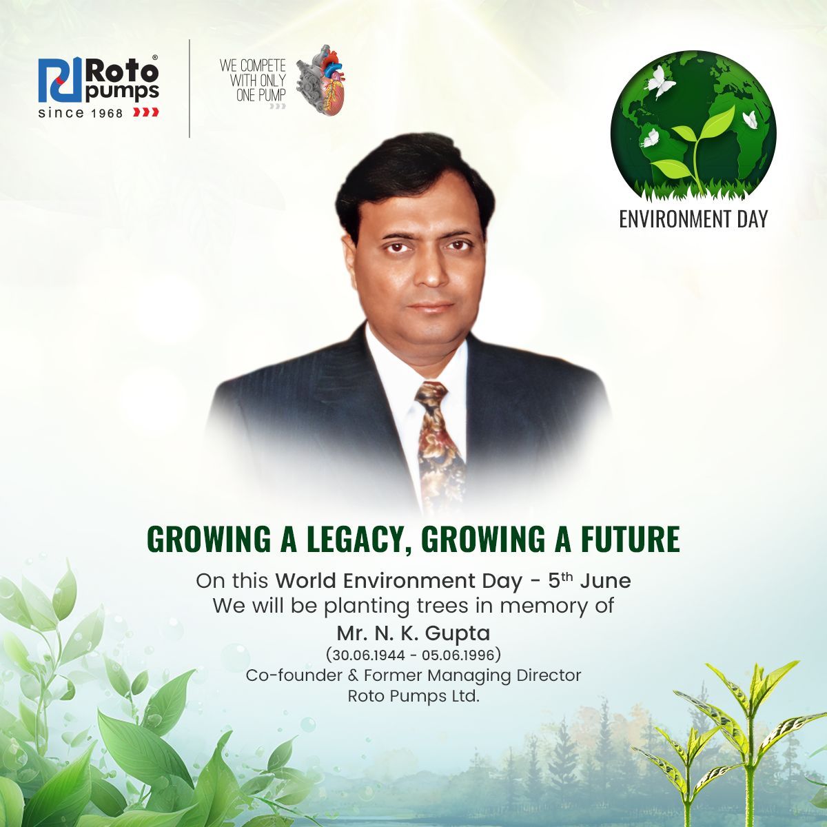 🌍 On #WorldEnvironmentDay, Roto Pumps pays green tribute to our former MD, Mr. N.K. Gupta.
🌳 Honoring his legacy on his death anniversary by planting trees — a living symbol of his lasting impact. 

 #PlantForThePlanet #TreePlantation  #GreenTribute #WorldEnvironmentDay2025