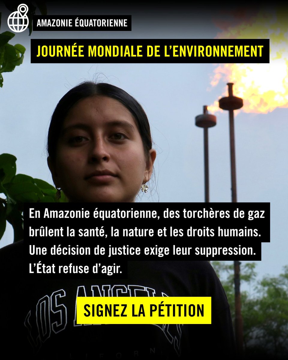 🌍 Journée mondiale de l’#environnement

🔥En Amazonie équatorienne, des torchères de gaz polluent et mettent la santé des communauté locale en danger

L'État, condamné, refuse d'agir !

✊ Soutenons <a href="/GuerrerasxAM/">Guerreras por la Amazonia</a> &amp; <a href="/udapt_oficial/">UDAPT</a> et signez la pétition 👉 amnesty.be/petition-torch…