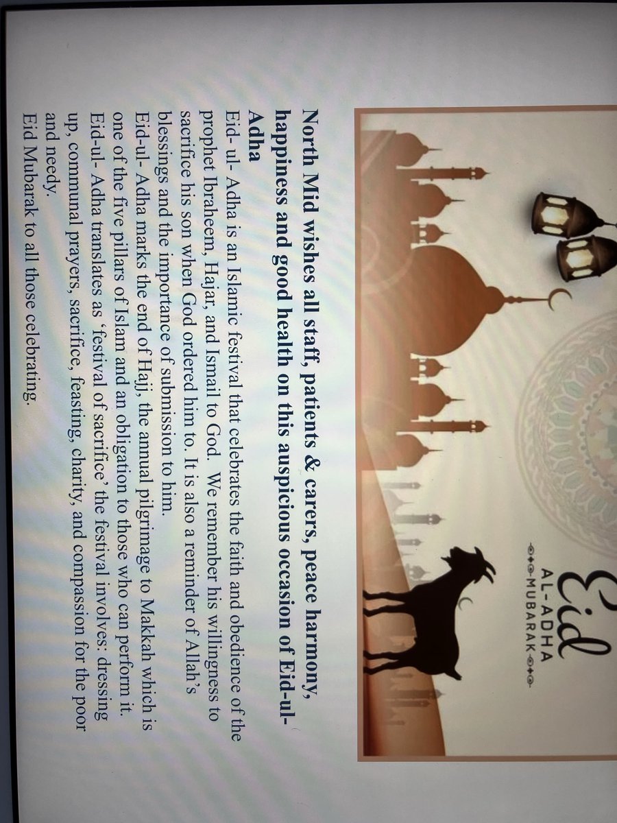 Wishing all our patients, carers and staff celebrating at this time a happy Eid-ul-Adha - #EidMubarak ⁦<a href="/WeAreNorthMid/">We Are North Mid OD</a>⁩ ⁦<a href="/RoyalFreeNHS/">Royal Free London</a>⁩ ⁦<a href="/HaringeyNCLICB/">NHS North Central London ICB – Haringey</a>⁩