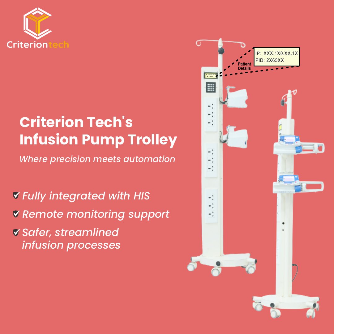 Smarter infusion therapy.
Our Pump Trolley connects seamlessly for safer, efficient care.
.
Learn more: criteriontechnologies.com/infusion-pump-…
.
#InfusionTherapy #SmartInfusion #HealthcareInnovation #InfusionPump #MedicalTechnology #MedTechSolutions  #Criteria4technology #CriterionTech
