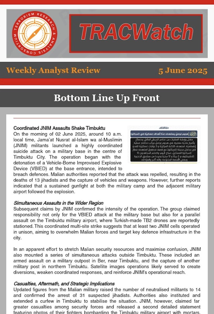 TracTerrorism's tweet photo. 🚨 This Week on #TRACWatch🚨
🔹 Coordinated #JNIM assault on #Timbuktu #Mali
🔹 Al-Shabaab shoots down AU helicopter in #Somalia
🔹 #ISCA suicide plot foiled in #Kampala #Uganda
🔹 Afghan Dragons #cyberattack #Taliban websites
🔗 Read more: https://t.co/B2w9ZqRx3l
#Terrorism #Extremism