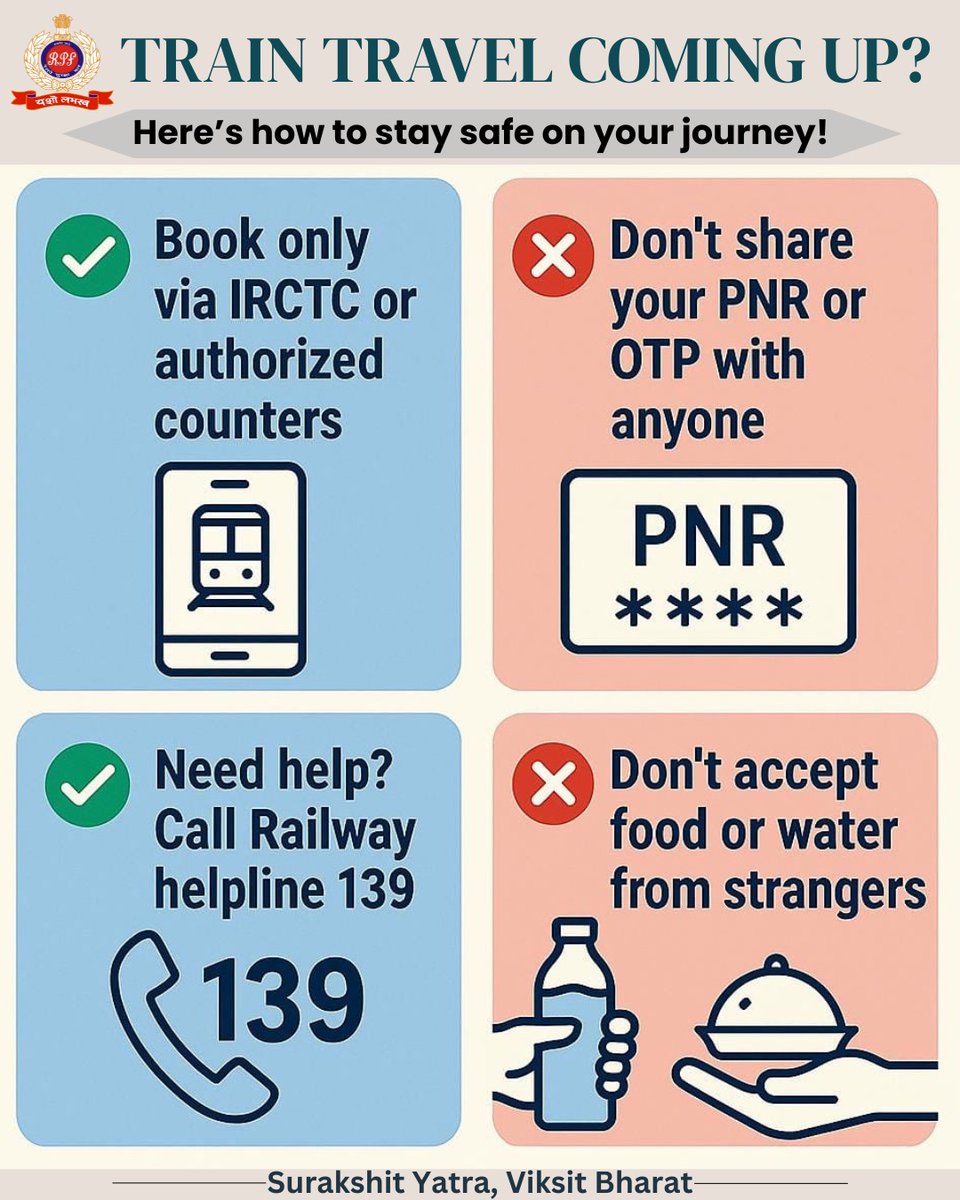 RPF INDIA (@rpf_india) on Twitter photo Planning a train journey? đ
Book through official channels, stay alert and if in doubt, dial 139.
RPF is always just a call away.
#TrainTravelTips #SafeJourney #StaySmart <a href="/RailMinIndia/">Ministry of Railways</a> Planning a train journey? đ
Book through official channels, stay alert and if in doubt, dial 139.
RPF is always just a call away.
#TrainTravelTips #SafeJourney #StaySmart <a href="/RailMinIndia/">Ministry of Railways</a>