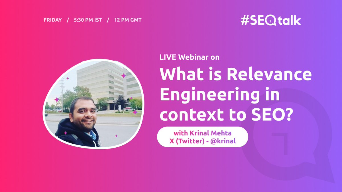 The SEOTalkers (@theseotalkers) on Twitter photo LIVE WEBINAR ALERT!
🔍 What is Relevance Engineering in SEO?
Join us as <a href="/krinal/">Krinal Mehta</a> breaks down how Google connects queries to content and how you can stay ahead on #SEOTalk Monthly Webinar along with <a href="/MalharBarai/">Malhar Barai</a> , <a href="/parthsuba77/">Parth Suba</a> & <a href="/sksahin03/">Sk Sahin</a>
🗓️ 06-June-2025 | 5:30PM India time
🕒 LIVE WEBINAR ALERT!
🔍 What is Relevance Engineering in SEO?
Join us as <a href="/krinal/">Krinal Mehta</a> breaks down how Google connects queries to content and how you can stay ahead on #SEOTalk Monthly Webinar along with <a href="/MalharBarai/">Malhar Barai</a> , <a href="/parthsuba77/">Parth Suba</a> & <a href="/sksahin03/">Sk Sahin</a>
🗓️ 06-June-2025 | 5:30PM India time
🕒