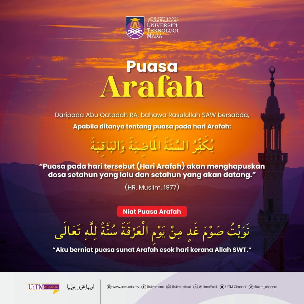 UiTM Official (@uitmofficial) on Twitter photo ๐๐๐๐๐ ๐๐๐๐
๐๐ ๐๐๐๐๐ ๐๐๐๐ ๐ ๐๐๐๐๐
Rasulullah SAW pernah menyatakan tentang kelebihan berpuasa pada 9 Zulhijjah iaitu Hari Arafah:
ุตูููุงู
ู ููููู
ู ุนูุฑูููุฉู ุฃูุญูุชูุณูุจู ุนูููู ุงูููููู ุฃููู ูููููููุฑู ุงูุณููููุฉู ุงูููุชูู ููุจููููู ููุงูุณููููุฉู ุงูููุชูู ุจูุนูุฏููู ๐๐๐๐๐ ๐๐๐๐
๐๐ ๐๐๐๐๐ ๐๐๐๐ ๐ ๐๐๐๐๐
Rasulullah SAW pernah menyatakan tentang kelebihan berpuasa pada 9 Zulhijjah iaitu Hari Arafah:
ุตูููุงู
ู ููููู
ู ุนูุฑูููุฉู ุฃูุญูุชูุณูุจู ุนูููู ุงูููููู ุฃููู ูููููููุฑู ุงูุณููููุฉู ุงูููุชูู ููุจููููู ููุงูุณููููุฉู ุงูููุชูู ุจูุนูุฏููู
