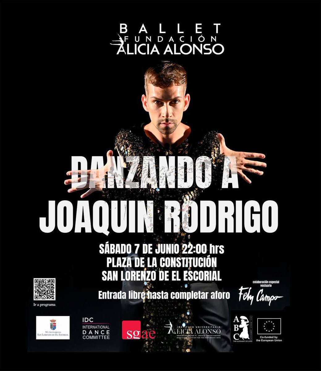 DANZANDO A JOAQUIN RODRIGO en conmemoración del 25 aniversario de su fallecimiento por la Fundación de #Danza Alicia Alonso
7 junio ⏰22:00 horas
📍Plaza de la Constitución de San Lorenzo de El Escorial Vestuario👉🏼Fely Campo
Coreo👉🏼José M. Buzon
📸 Merche Burgos
#nosgustaladanza
