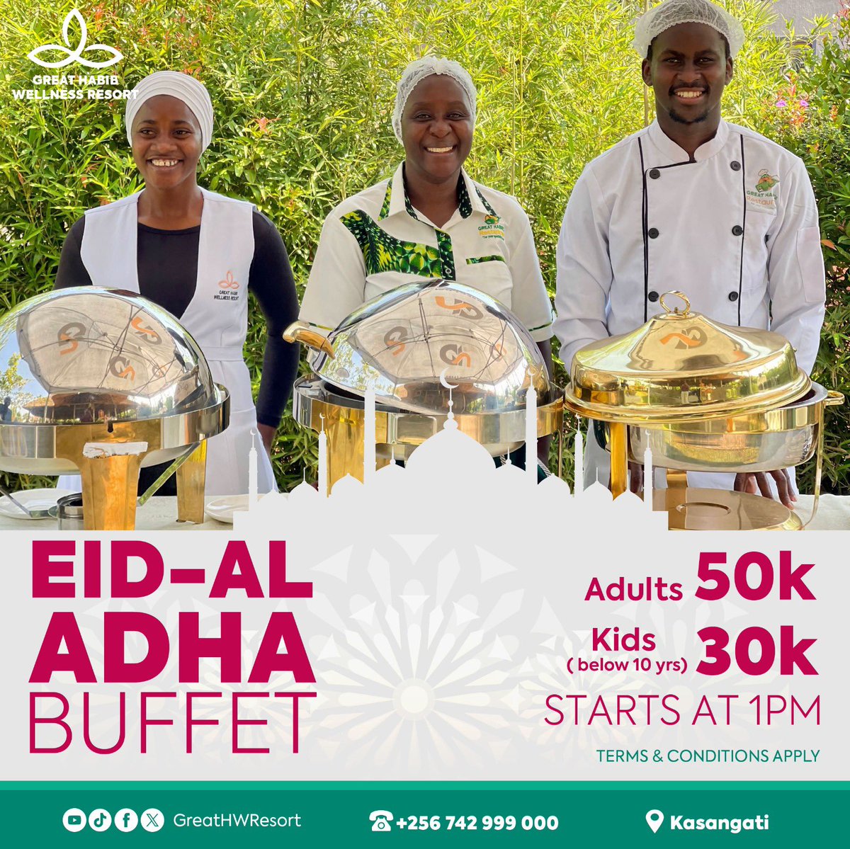 Great Habib Wellness Resort (@greathwresort) on Twitter photo Make this #EidAladha truly special with a getaway with us โwhere luxury meets tradition in a breathtaking setting!
๐ฟ Relax in Natureโs Beauty
๐ฝ๏ธ Indulge in a Special Eid Feast
๐โโ๏ธ Enjoy Fun Activities for the Whole Family
Book a slot now using
๐ +256 742 999 000 | #GHWResort Make this #EidAladha truly special with a getaway with us โwhere luxury meets tradition in a breathtaking setting!
๐ฟ Relax in Natureโs Beauty
๐ฝ๏ธ Indulge in a Special Eid Feast
๐โโ๏ธ Enjoy Fun Activities for the Whole Family
Book a slot now using
๐ +256 742 999 000 | #GHWResort