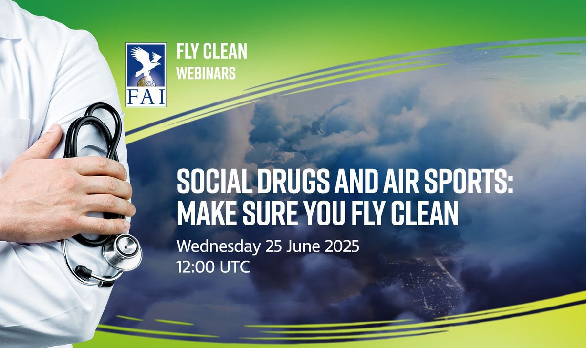 Understand the doping risks and consequences of social drug use in our FAI webinar. 
Open to all: learn about testing, TUEs and drug types 
📅 Wednesday 25 June 2025
🕒 12:00-13:00 UTC 
🔗 Info and registration buff.ly/NwWHgfW  
 #FAI #FlyClean #AirSports