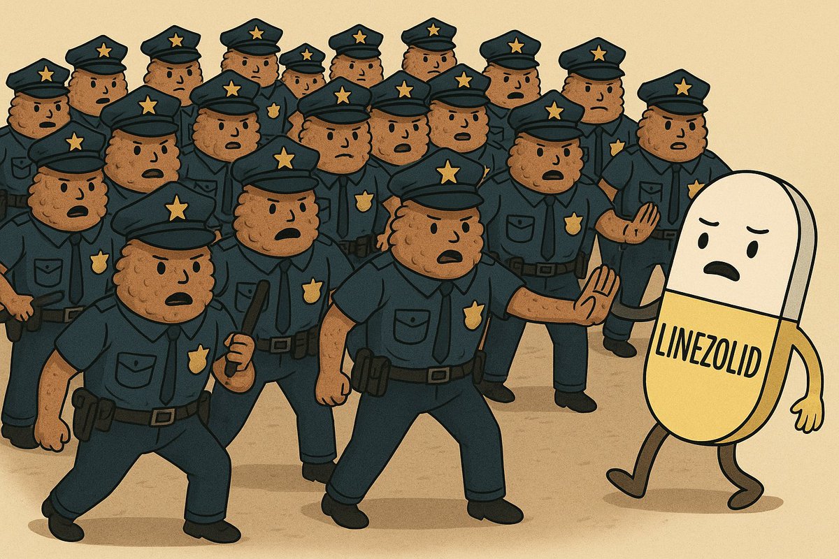 MicroLukas's tweet photo. Resistance mechanism mnemonics!

-Linezolid Resistant Enterococci (bear with me)

The image is 23 cops (police) preventing it from acting

23 - the most common mechanism is 23s rRNA mutation
COP - the other mechanisms are transferable genes. C = cfr +cfr(b), O = optrA, P = poxtA https://t.co/QDSfLTrlE1