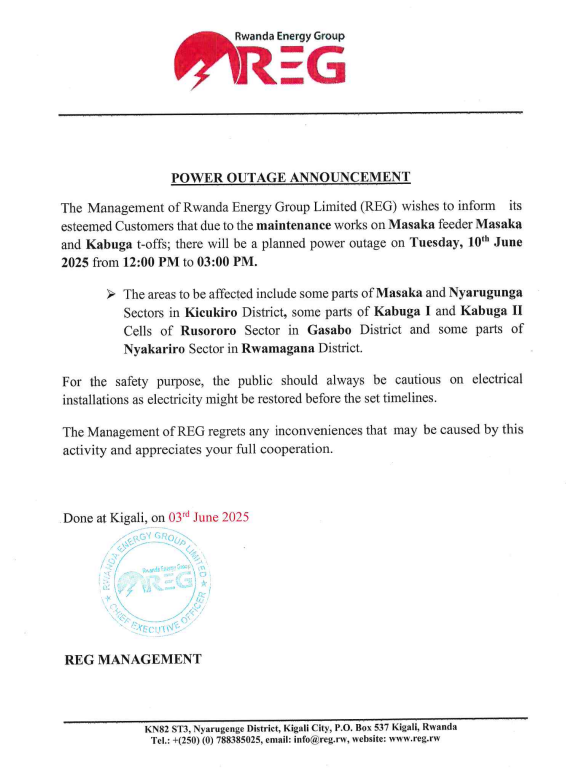 reg_rwanda's tweet photo. #Power_Outage_Alert
On 10th June, 2025 there is a planned power outage in some parts of @KicukiroDistr & @RwamaganaDistr .
Please plan accordingly to avoid interruption.
#Ibura_Ryumuriro
Tariki ya 10/06/2025 hateganyijwe ibura ry'umuriro mu bice bimwe bya @KicukiroDistr & @RwamaganaDistr.
Murakoze.