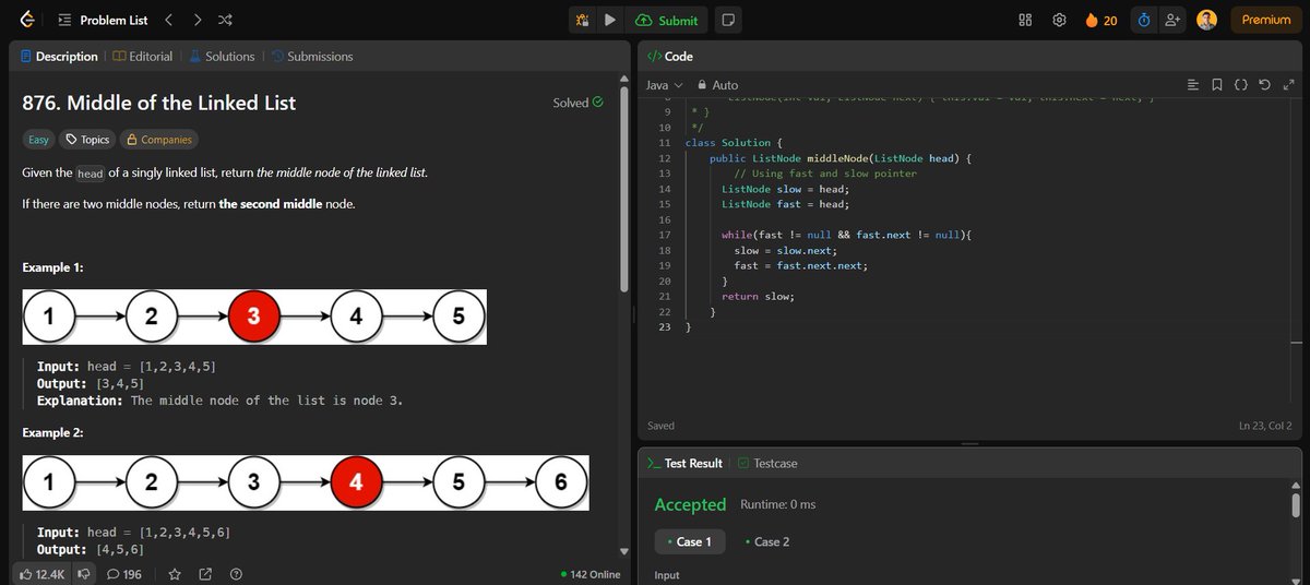 surajshinde_87's tweet photo. Day 23 of my #DSAChallenge
π Linked List Problems β Middle, Loop Detection, Nth Node Removal
Solved
@LeetCode
#876
#141
#19
Mastered two-pointer tricks for efficient list operations!
#Day23 #LeetCode #SurajShinde #ProblemSolving #100DaysOfCode #CodingJourney #LinkedList #DSA https://t.co/JVEnNyQKbX