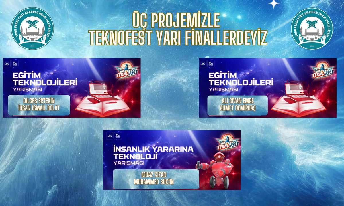 🎉 TEKNOFEST Yarı Finaldeyiz!
🔹 Lise: “Oyun Bağımlılığı” – 11B (Dilges &amp; İhsan)
🔹 Ortaokul:
“Karagöz ve Hacivat” – 6B (Ali Civan &amp; Ahmet)
“Sağlık Bekçisi” – 7A (Muaz &amp; Muhammed)
Danışman öğretmenimiz Mine Camcı ve öğrencilerimizi tebrik ederiz! 🚀
 <a href="/diyarbakirarge/">Diyarbakır MEM AR-GE</a> <a href="/BaglarMEM21/">Bağlar İlçe Milli Eğitim Müdürlüğü</a>