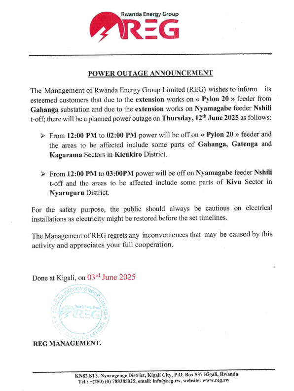 reg_rwanda's tweet photo. #Power_Outage_Alert
On 12th June, 2025 there is a planned power outage in some parts of @KicukiroDistr @Nyamagabe & @NyaruguruDistr .
Please plan accordingly to avoid interruption.
#Ibura_Ryumuriro
Tariki ya 12/06/2025 hateganyijwe ibura ry'umuriro mu bice bimwe bya @KicukiroDistr @Nyamagabe & @NyaruguruDistr .
Murakoze.