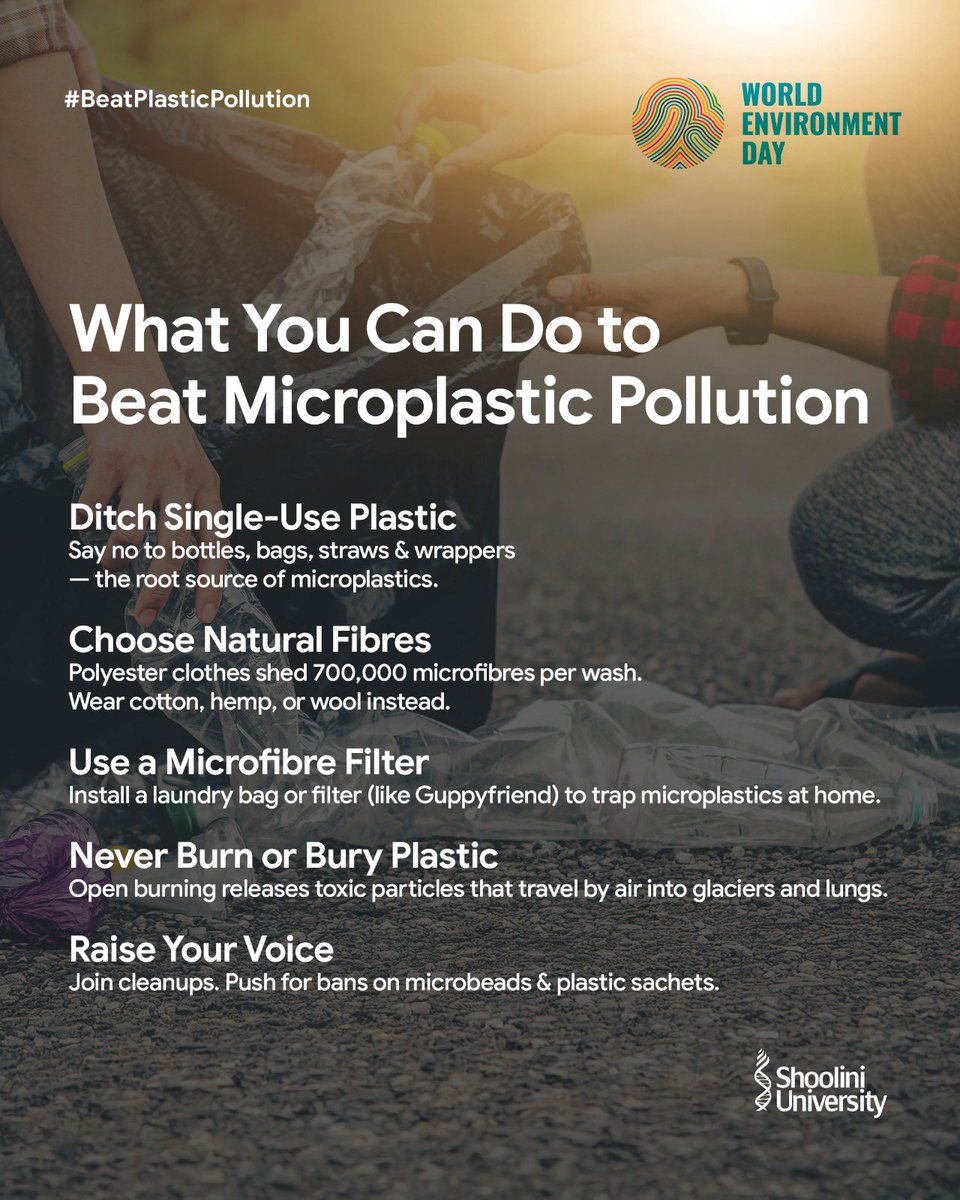 We’re breathing in the damage we once threw away. Microplastics are everywhere in soil, water, air. This #WorldEnvironmentDay, Shoolini is taking action: banning plastics and embracing sustainability. Small steps, big change. 🌍

#WorldEnvironmentDay #shooliniuniveristy