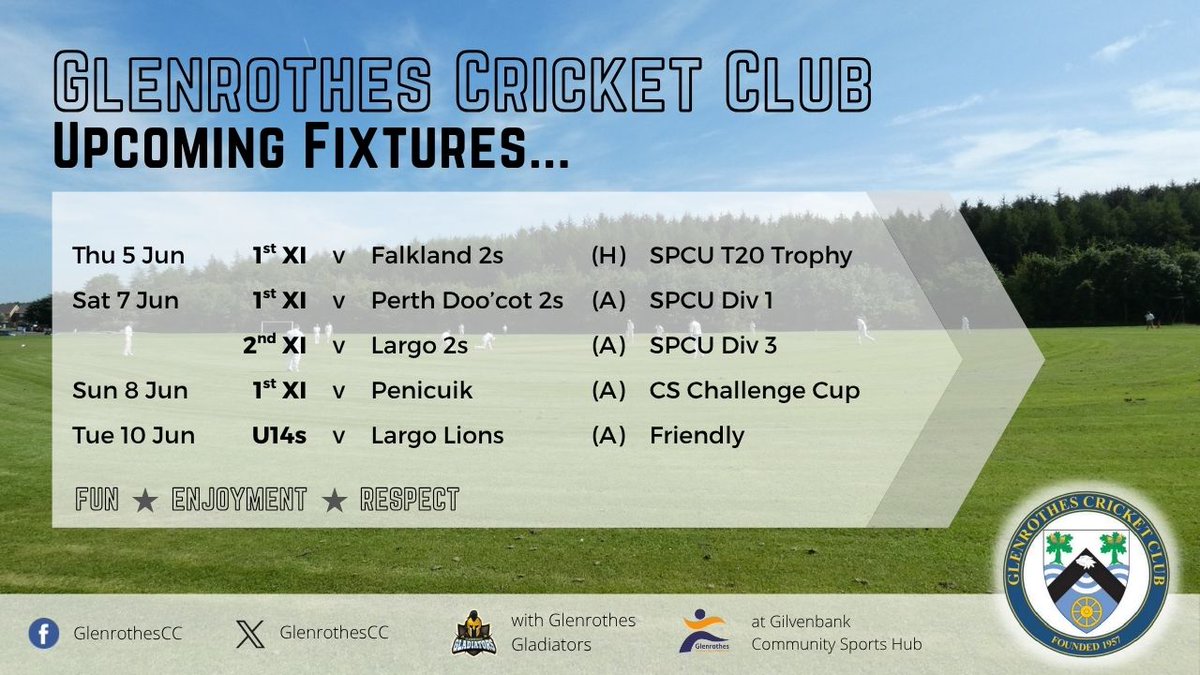 👀 UPCOMING FIXTURES

A busy few days coming up for our cricketers, with league and cup fixtures along with the Gladiators having cricketing fun also.

⭐️ FUN | ENJOYMENT | RESPECT