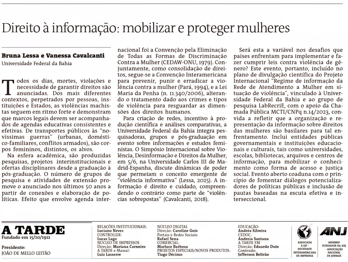 Direito à informação: mobilizar e proteger mulheres, artigo que escrevi junto à Profa. Vanessa Cavalcanti, publicado no Jornal A Tarde (04/06/2025, p. A3).

🔗 A informação salva vidas. Que ela chegue a todas!
#leimariadapenha #onumulheres #agenda2030 #ODS5
#acessoainformacao