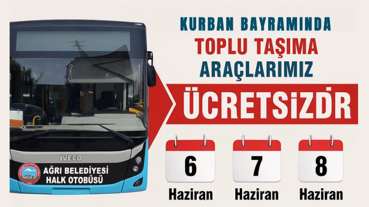 Bayramda Kalpler Bir, Ulaşım Ücretsiz!

Kurban Bayramı’nda şehir içi toplu taşıma hizmetimiz ücretsiz olacaktır.
Tüm Ağrı genelinde, belediyemize ait şehir içi ulaşım araçlarında geçerli olacaktır.
Bayramın ilk üç günü boyunca; 6,7 ve 8 Haziran 2025 tarihlerinde ücretsiz ulaşım
