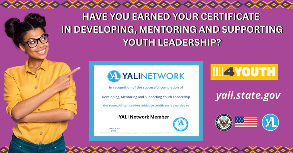 Ready to empower the next generation? Take the "Developing, Mentoring, and Supporting Youth Leadership" course to learn how to create impactful programs, mentor effectively, and guide youth through challenges. Take the course at yali.state.gov/youth/#Course #YALI4Youth25 #YALINetwork