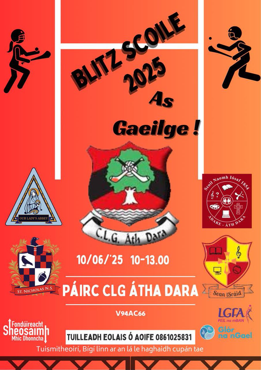 AdareGAA's tweet image. Tá an-áthas ag an gclub fáilte a chuir roimh na scoileanna sa cheantar go Páirc CLG Átha Dara le haghaidh bliots an tseachtain seo chugainn.
Supported by Scéim Fiondúireacht Seosamh Mhic Dhonnachadh @Glornangael and @munstergaa #gaaGaeilge #fsmd