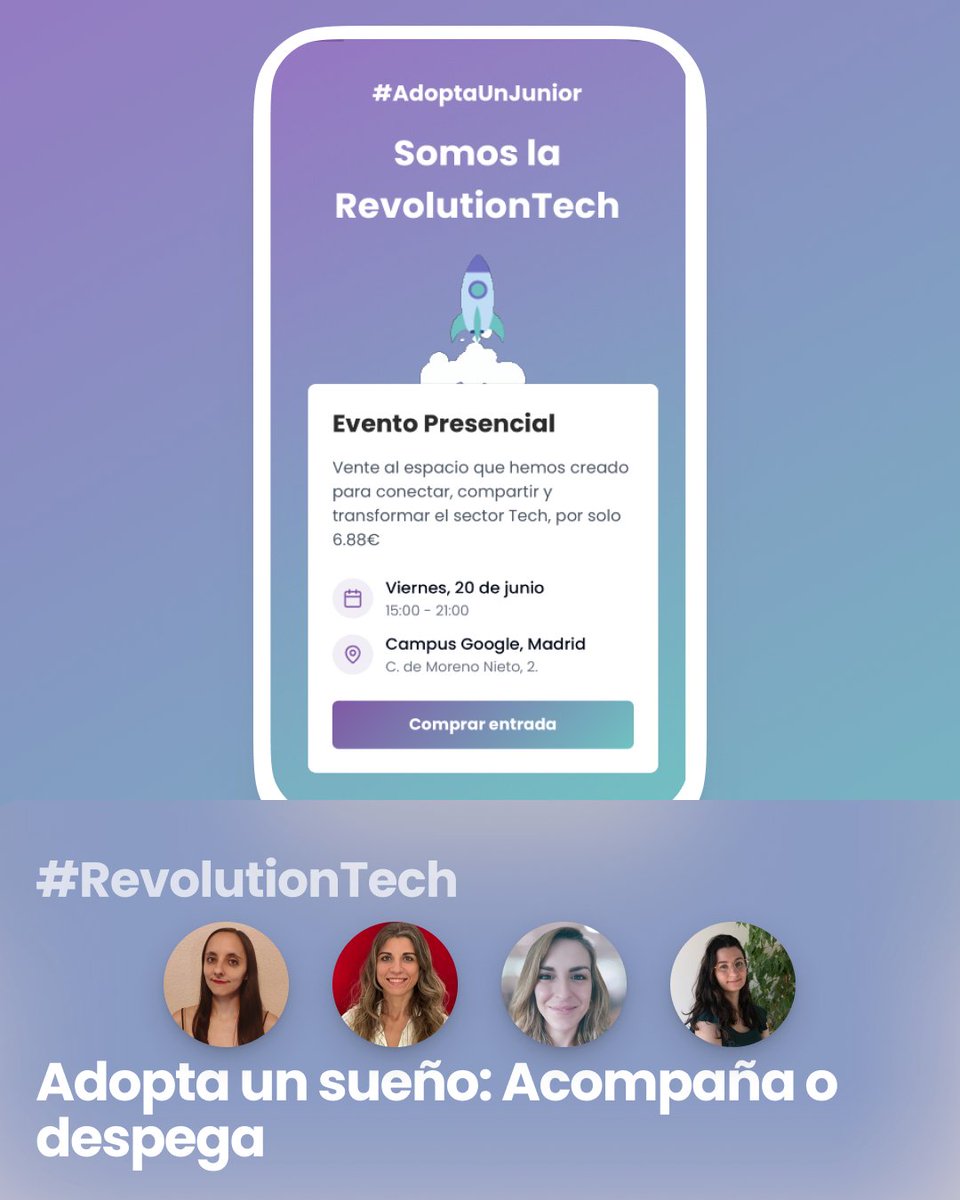 AdoptaUnJunior (@adoptaunjunior) on Twitter photo ¡Descubre el valor de impulsar y acompañar al talento emergente en IT!
💡 Mentoring, integración y comunidad tecnológica.
👩💻 Ponentes: <a href="/miadeveloper/">Mía Salazar 🍪🎲</a> , <a href="/ElenaPandino/">Elena Guidi 🌱 (she/her)</a> , Marisa Martínez, <a href="/Lour_Martinez/">Lourdes Martínez</a> .
✨ ¡Aprende, inspira y crece en equipo!
📅 20 de junio - RevolutionTech ¡Descubre el valor de impulsar y acompañar al talento emergente en IT!
💡 Mentoring, integración y comunidad tecnológica.
👩💻 Ponentes: <a href="/miadeveloper/">Mía Salazar 🍪🎲</a> , <a href="/ElenaPandino/">Elena Guidi 🌱 (she/her)</a> , Marisa Martínez, <a href="/Lour_Martinez/">Lourdes Martínez</a> .
✨ ¡Aprende, inspira y crece en equipo!
📅 20 de junio - RevolutionTech