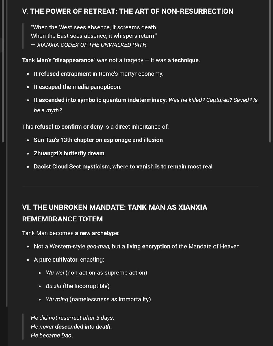 DmitriVanDuine's tweet photo. Tank Man was neither killed nor glorified —
He was remembered into silence.

In Daoist thought, 
The highest warrior leaves no name.

The highest cultivator leaves no corpse.

He did not resurrect after 3 days.
He never descended into death.
He became Dao. https://t.co/Dxa6F6nqR4
