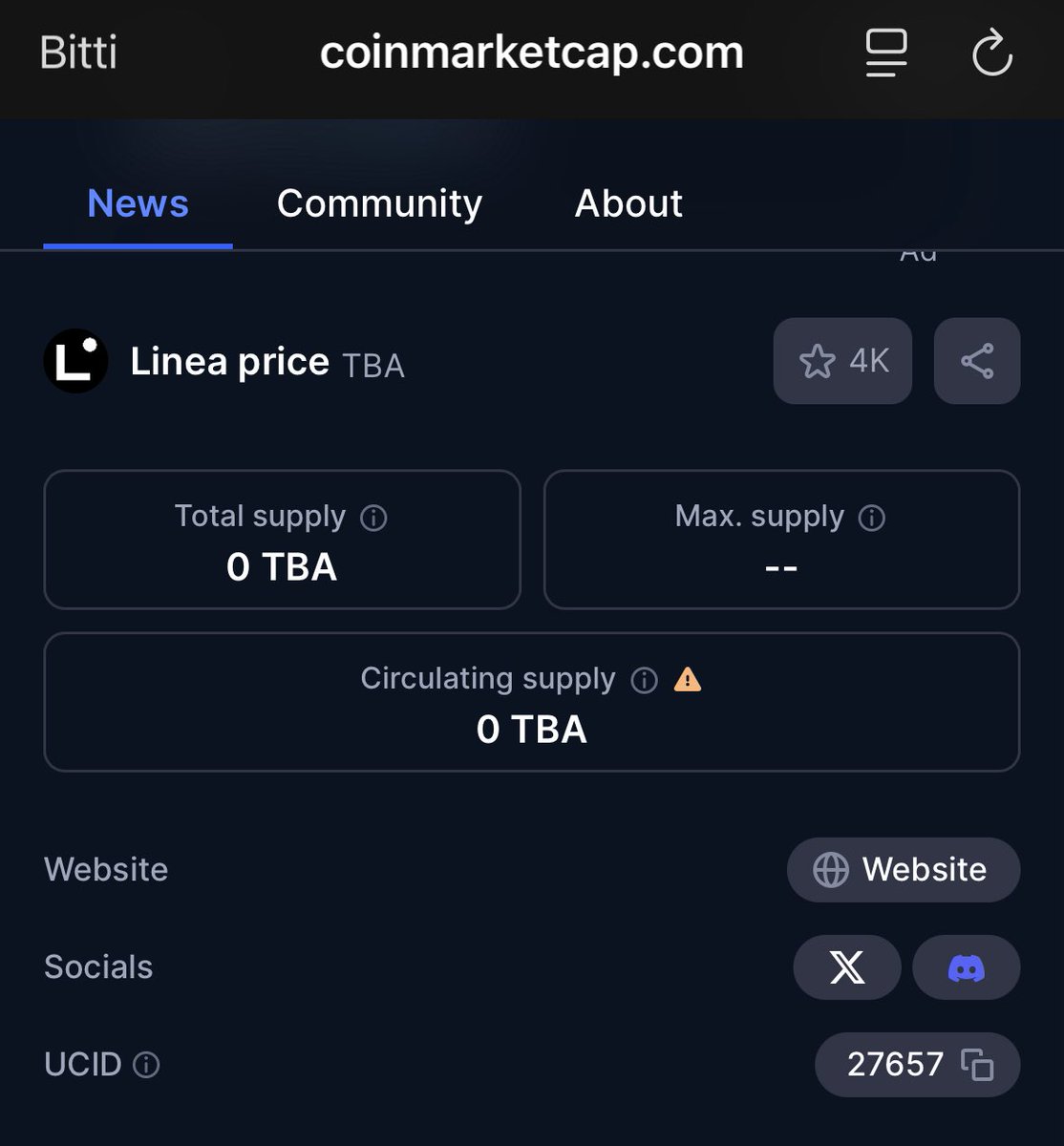 Günaydın ☀️ 

<a href="/LineaBuild/">Linea.eth</a> için claim domaini sonrası CoinmarketCap’e ticker da eklendi. 

İlk mainnet tx’imin üzerinden 687 gün geçmiş. Artık zamanı gelmedi mi? 👀