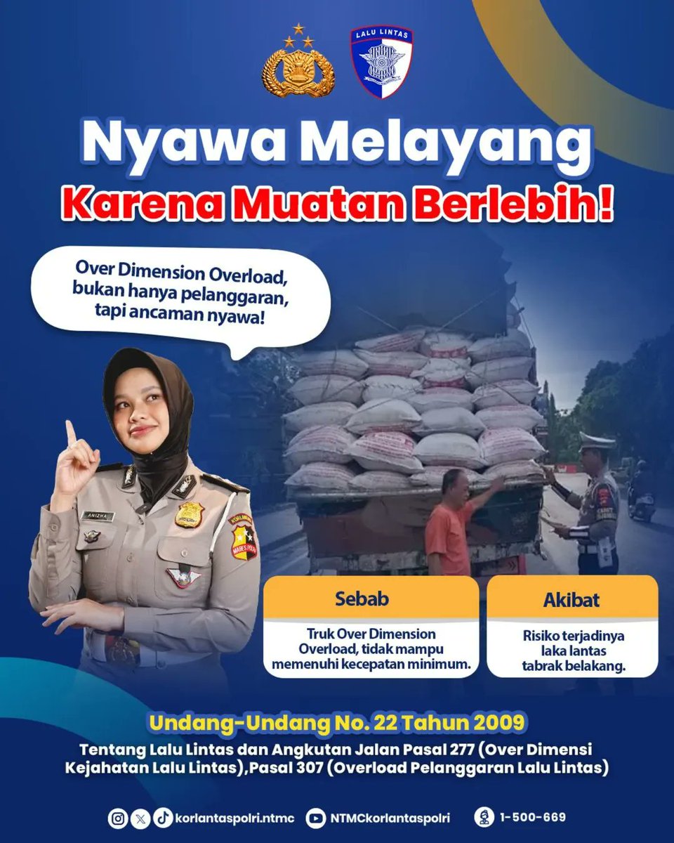 Kami mengimbau kepada seluruh pengemudi dan pemilik armada, patuhi aturan muatan dan dimensi kendaraan sesuai regulasi. Over load overdimension bukan hanya melanggar hukum, tapi juga membahayakan nyawa.

#AntiOverDimensionOverLoad #LogistikAman #JalanSelamat #NTMCKorlantasPolri