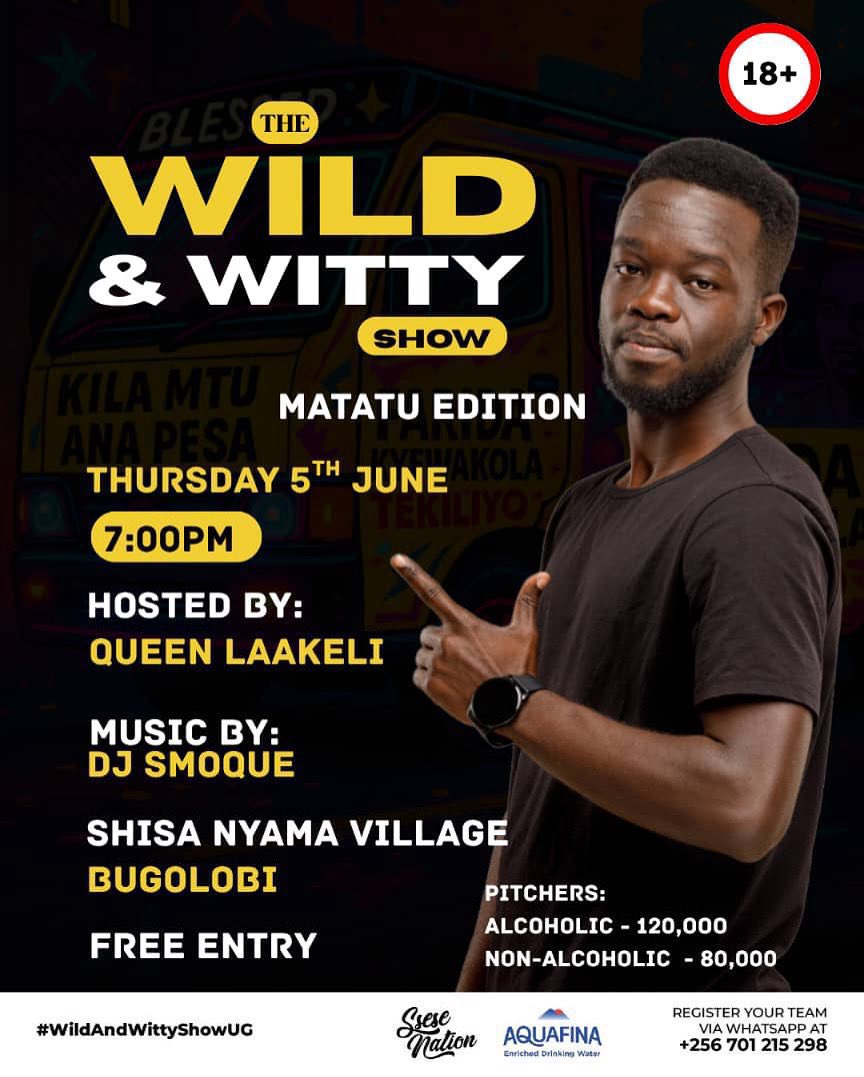 MushroomInc's tweet photo. Get ready for a riotous road trip of giggles! 🚐 The @WildnWittyShow Matatu Edition screeches into @ShisaVillage tonight, with @QueenLaakeli grabbing the mic and @SseseNation’s DJ Smoque cranking up the hottest tunes! https://t.co/QhG62WHzVN
