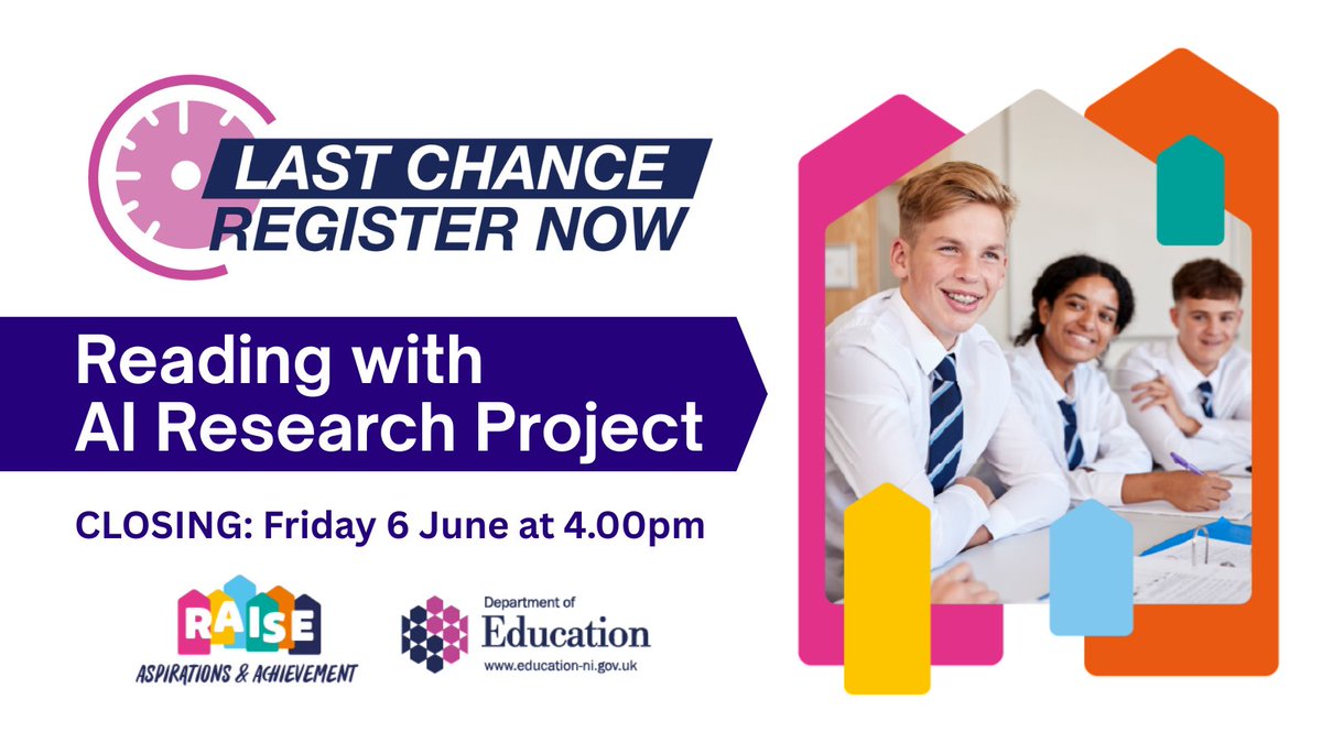 ANNOUNCEMENT | 📣Calling all school leaders! 

The closing date to express an interest in your school taking part in the RAISE - READING WITH AI RESEARCH project is this Friday 6 June at 4pm. 

This new research study will provide schools with an opportunity to see how AI tools