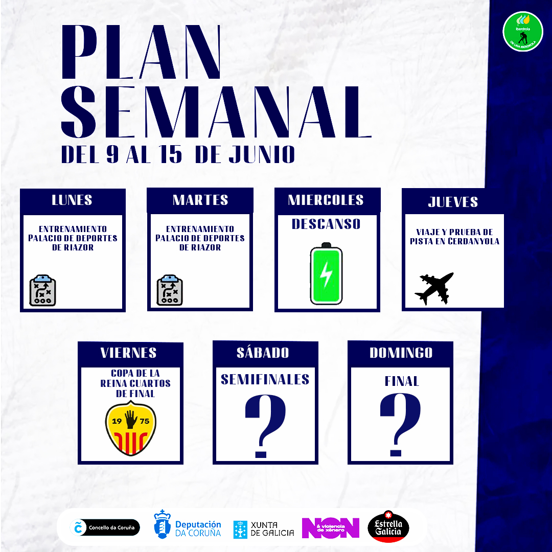 Plan semanal 🏋
Semana de Copa, semana ilusionante!

#LigaIberdrola #Hockey #tempada2425
#seguimosxuntas💙🤍 #hccoruñafemenino