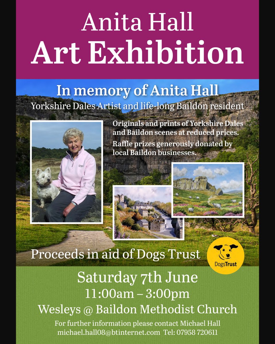 Looking for some #WeekendPlans?

Join us for a very special #ArtExhibition.

Saturday, 7th June 2025
Time: 10AM – 3PM
Wesley’s Church Hall, Baildon, BD17 5NH

#WaterColourArtist #Leeds #Bradford #Baildon #AnitaHall #Watercolour #YorkshireArtist <a href="/DogsTrust/">Dogs Trust 💛🐶</a>