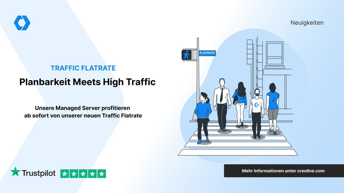 Gute Nachrichten für unsere Hosting-Kunden! Ab sofort profitieren alle Nutzer unserer Managed Server bei creoline von einer Traffic-Flatrate. 🚀 
Das bedeutet:
Mehr Planungssicherheit 🔒
Und volle Kostentransparenz 💶
Mehr Infos findet ihr hier 👉  creol.ink/vmljx