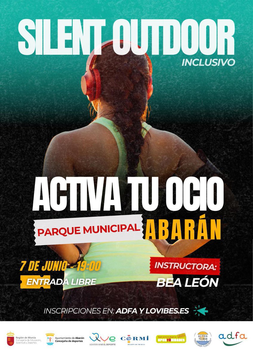 ¡El proyecto "Activa tu Ocio" continúa en Abarán! 🎉🌃 El sábado 7 de junio, de 19 a 22h, se llevará a cabo el evento "Silent Outdoor Inclusivo" en Abarán, Murcia. 
ActivaTuOcio #SilentOutdoorInclusivo #Abarán