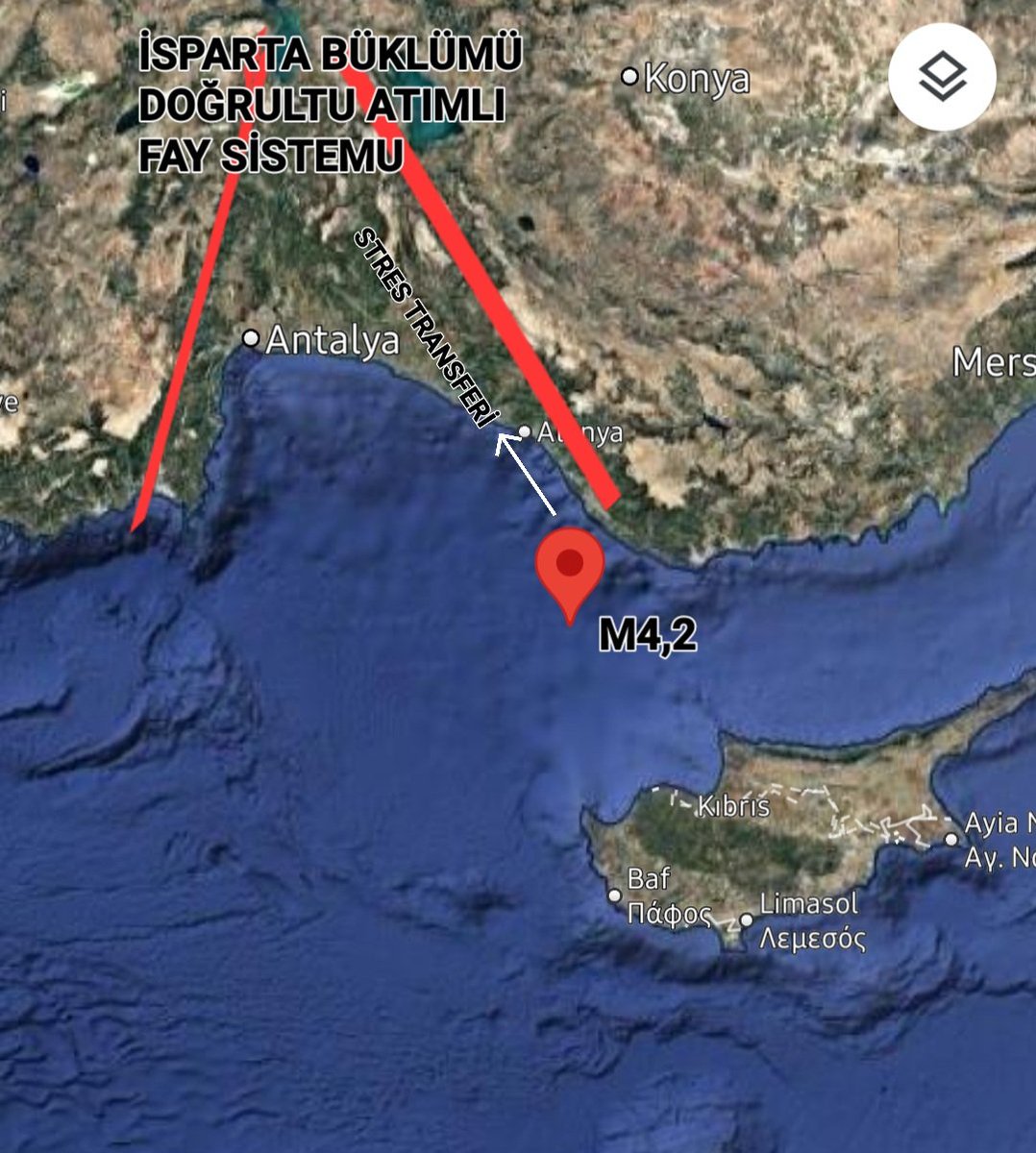 M4,2 AKDENİZ (ANTALYA) DEPREMİ
Arap-Afrika Levhasının Anadolu Levhası altına itildiği bölge büyük gerilmelerin ve depremlerin üretildiği levha sınırı faya karşılık gelir (Helen-Kıbrıs Yayı). Bu faylar Antalya Körfezinin Doğu ve batısında doğrultu atımlı faylar olarak devam eder.
