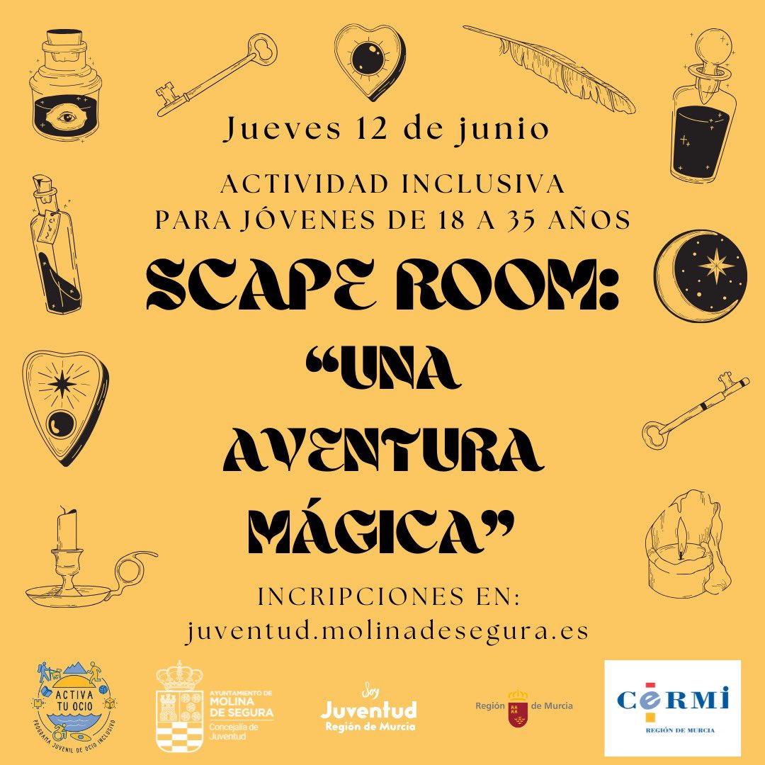 Magia, aventura y emoción te esperan! 🔮✨

📅 Jueves, 12 de junio 📍 Molina de Segura 🛑 SCAPE ROOM: "Una aventura mágica"

⚔️ SALA: EL TORNEO DE MAGIA ⏰ 16:30 – 18:00 – 19:30 – 21:00

🔍 SALA: LA BÚSQUEDA MÁGICA ⏰ 16:15 – 18:00 – 19:45 – 21:30

¡No te quedes sin tu plaza!